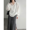 588005113 Lace Trim V-Neck Lantern Sleeve Elegant Youthful Commute Top Shirt