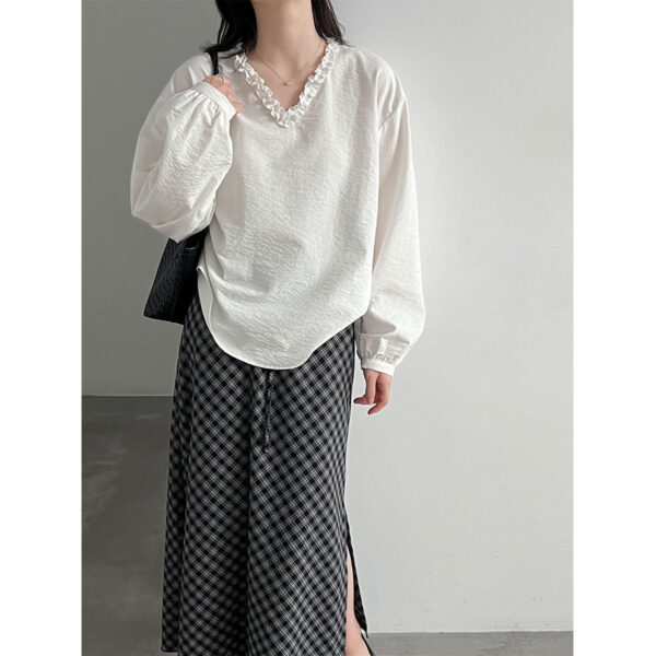 588005113 Lace Trim V-Neck Lantern Sleeve Elegant Youthful Commute Top Shirt