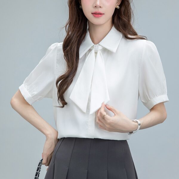 586266401 Butterfly Ribbon Short Sleeve Chiffon Satin Shirt, Professional Office Wear