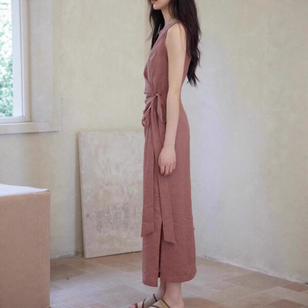 586265705 Round Neck Sleeveless Tie Waist Casual Office Wear