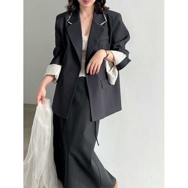 Chic Color-Blocking Raw Edge Notch Lapel Blazer