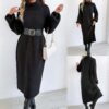 590829140 Loose Casual Long Dress High Neck Turn-down Collar Sweater Dress Without Beltì