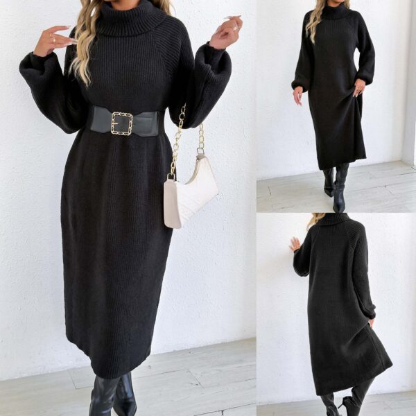 590829140 Loose Casual Long Dress High Neck Turn-down Collar Sweater Dress Without Beltì
