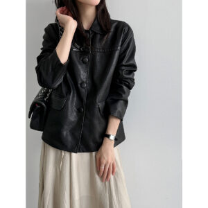 588004603 Lapel Single-Breasted Vintage Minimalist Commuter Leather Jacket