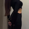 Black Cutout Waist Long-Sleeve Maxi Dress-Includes Waist Chain