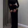 Black Cutout Waist Long-Sleeve Maxi Dress-Includes Waist Chain