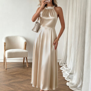 Pearl Halter High Waist Flowy Midi Dress