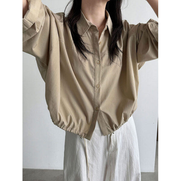 588004091 Drawstring Hem Loose Fit Shirt Casual Office Wear