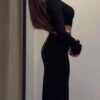 Black Cutout Waist Long-Sleeve Maxi Dress-Includes Waist Chain