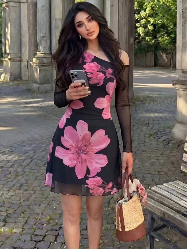 Autumn Elegant Romantic Floral Asymmetrical Off-shoulder A-line Waist-cinching Dress