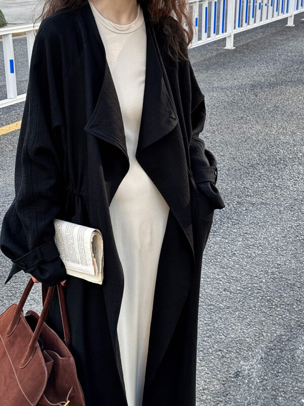 588004979 New Over-the-Knee Mid-Length Drawstring Linen Cotton Trench Coat
