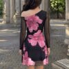 Autumn Elegant Romantic Floral Asymmetrical Off-shoulder A-line Waist-cinching Dress