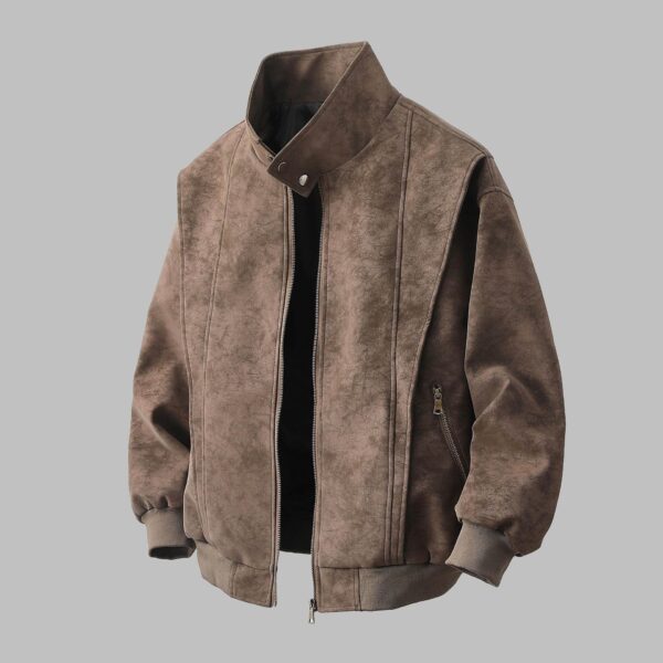 Vintage Tie-Dye PU Leather Zipper Stand Collar Loose Fit Jacket