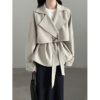 British Style Belted Waist Flip Collar Trench Coat for Elegant Chic Look