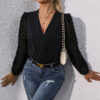 590869176 Long Sleeve V-Neck Black Jacquard Women's Party Jumpsuit