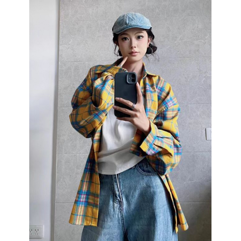 retro-yellow-plaid-long-sleeve-shirt-jacket-for-women
