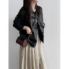 588004604 Lapel Single-Breasted Vintage Minimalist Commuter Leather Jacket