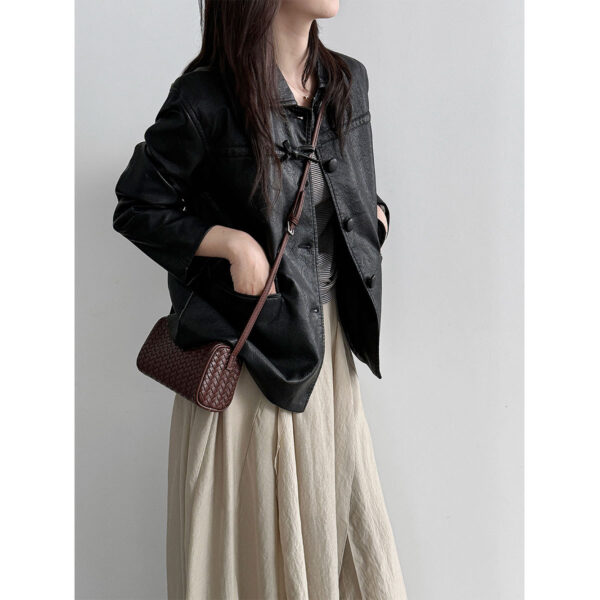 588004604 Lapel Single-Breasted Vintage Minimalist Commuter Leather Jacket