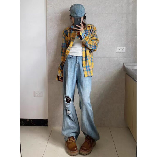 Retro Yellow Plaid Long Sleeve Shirt Jacket for Women