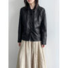 588004608 Lapel Single-Breasted Vintage Minimalist Commuter Leather Jacket