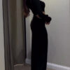 Black Cutout Waist Long-Sleeve Maxi Dress-Includes Waist Chain