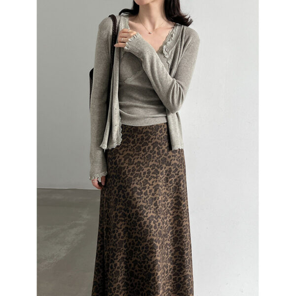 Lace Trim Knit Two-Piece Set V-Neck Crop Top + Elegant Fitted Cardigan