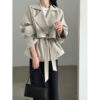 British Style Belted Waist Flip Collar Trench Coat for Elegant Chic Look