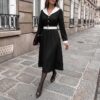 Elegant Long Sleeve V-Neck Belted Waist Long Dress