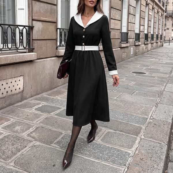 Elegant Long Sleeve V-Neck Belted Waist Long Dress