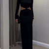 Black Cutout Waist Long-Sleeve Maxi Dress-Includes Waist Chain