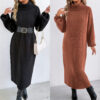 590829143 Loose Casual Long Dress High Neck Turn-down Collar Sweater Dress Without Beltì