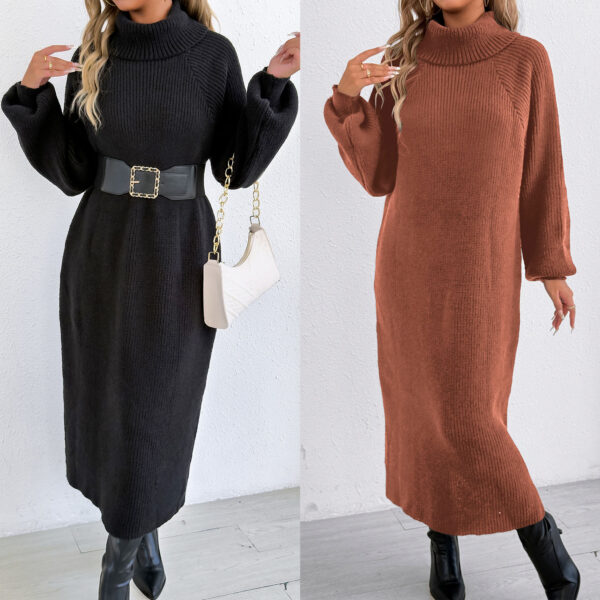 590829143 Loose Casual Long Dress High Neck Turn-down Collar Sweater Dress Without Beltì