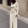 590828617 Irregular Long Sleeve Square Neck Side Slit Bodycon Maxi Dress