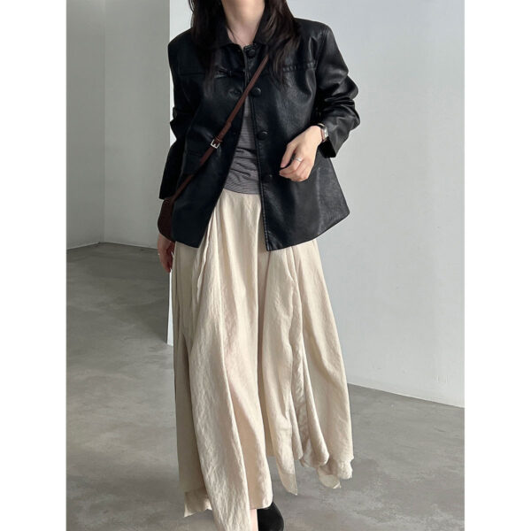 588004605 Lapel Single-Breasted Vintage Minimalist Commuter Leather Jacket