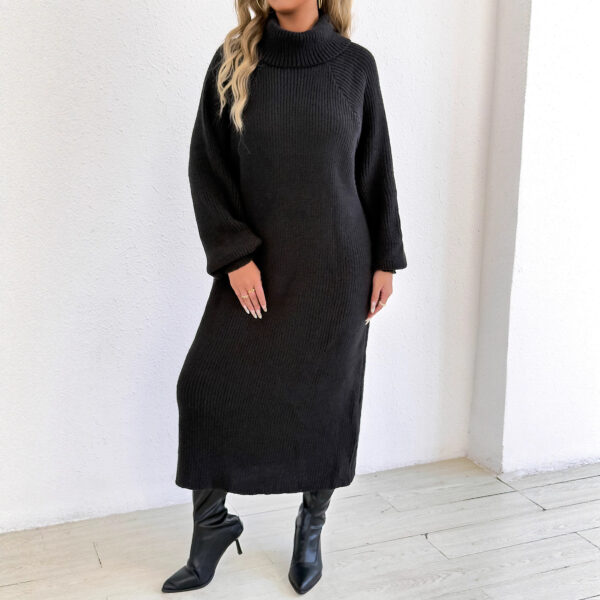 590829141 Loose Casual Long Dress High Neck Turn-down Collar Sweater Dress Without Beltì