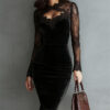 Women's Solid Color Sexy Lace Trim Bodycon Midi Dress, Long Sleeve Party Dress For Spring Autumn Evenings