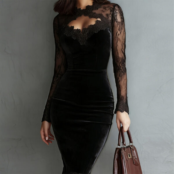 Women's Solid Color Sexy Lace Trim Bodycon Midi Dress, Long Sleeve Party Dress For Spring Autumn Evenings