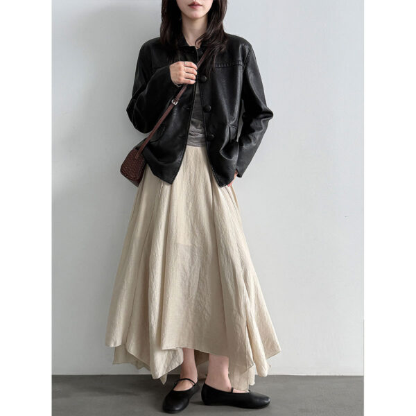 588004606 Lapel Single-Breasted Vintage Minimalist Commuter Leather Jacket
