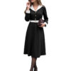 Elegant Long Sleeve V-Neck Belted Waist Long Dress