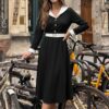 Elegant Long Sleeve V-Neck Belted Waist Long Dress