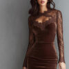 Women's Solid Color Sexy Lace Trim Bodycon Midi Dress, Long Sleeve Party Dress For Spring Autumn Evenings