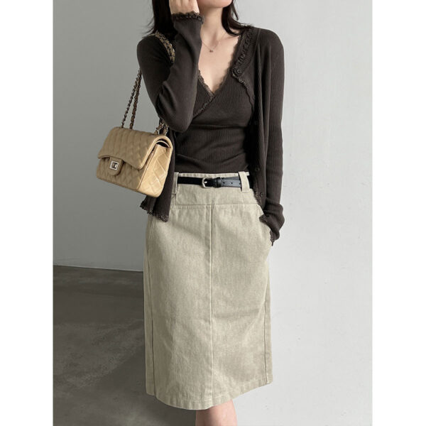 Lace Trim Knit Two-Piece Set V-Neck Crop Top + Elegant Fitted Cardigan