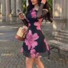 Autumn Elegant Romantic Floral Asymmetrical Off-shoulder A-line Waist-cinching Dress