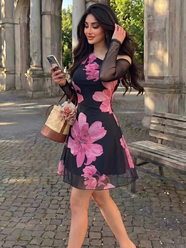 Autumn Elegant Romantic Floral Asymmetrical Off-shoulder A-line Waist-cinching Dress