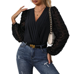 590869173 Long Sleeve V-Neck Black Jacquard Women's Party Jumpsuit