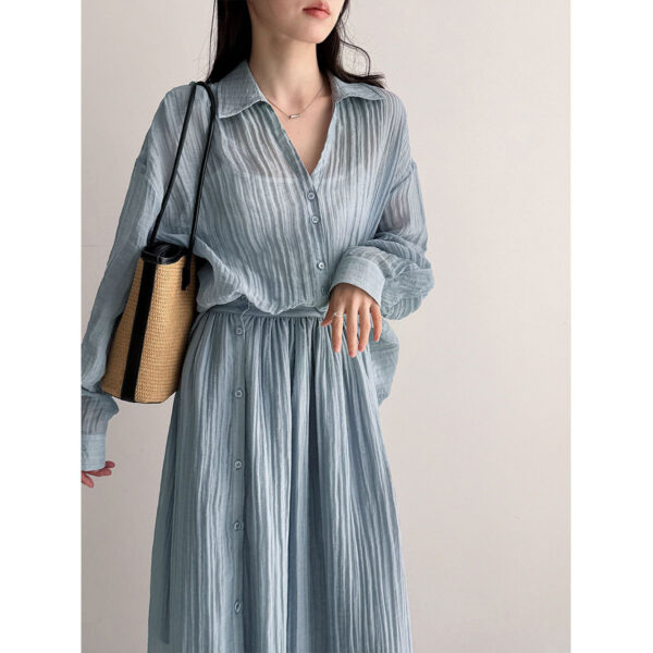 588004748 Style Pleated Shirt + Skirt Women's Casual Two-Piece Set