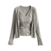 Lace Trim Knit Two-Piece Set V-Neck Crop Top + Elegant Fitted Cardigan