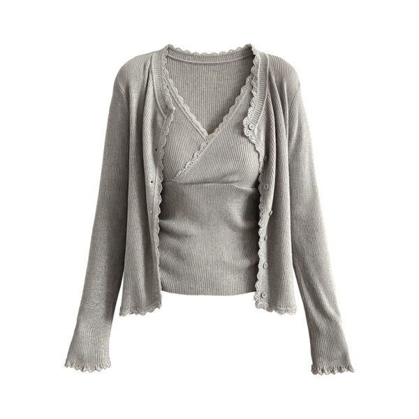 Lace Trim Knit Two-Piece Set V-Neck Crop Top + Elegant Fitted Cardigan