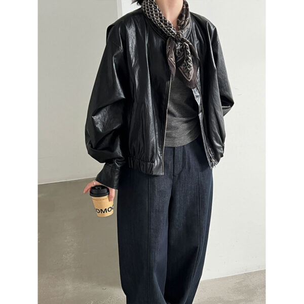 Retro PU Stand Collar Short Versatile Leather Coat