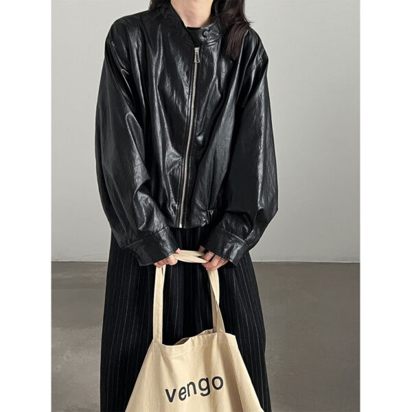 Retro PU Stand Collar Short Versatile Leather Coat